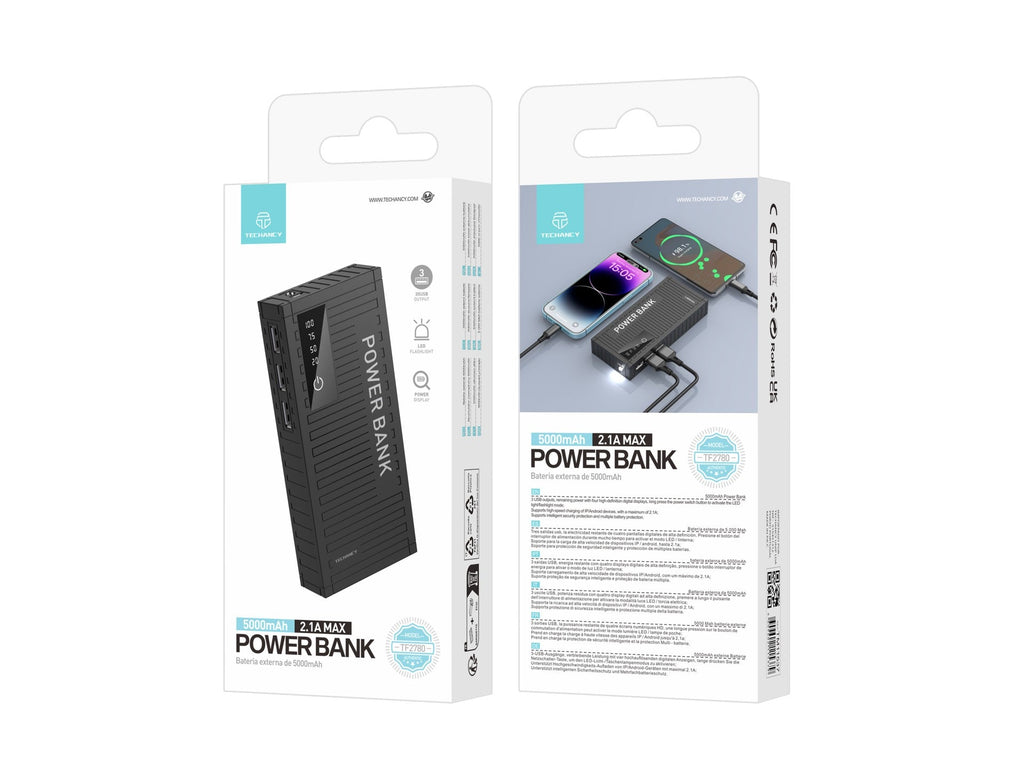Techancy 5000mah Power Bank Preto TF2780，Carregamento Rápido De 2A,3 Saídas Usb Para Telemóvel/Tablet.