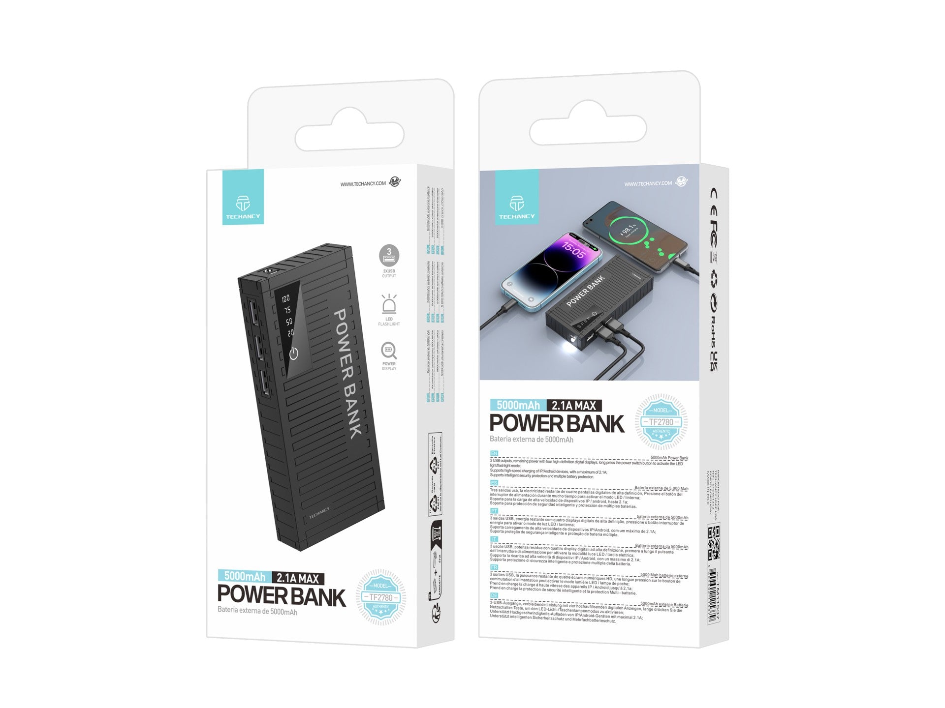 Techancy 5000mah Power Bank Preto TF2780，Carregamento Rápido De 2A,3 Saídas Usb Para Telemóvel/Tablet.